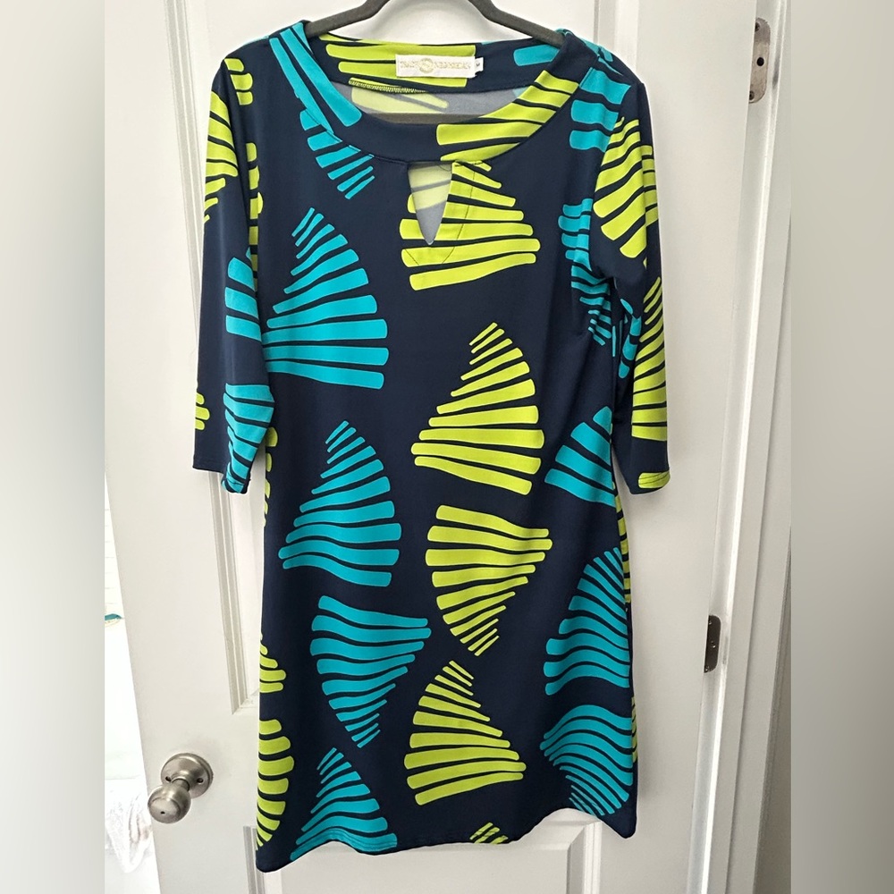 Tracy Negoshian Navy Dress with Lime and Teal Patterns